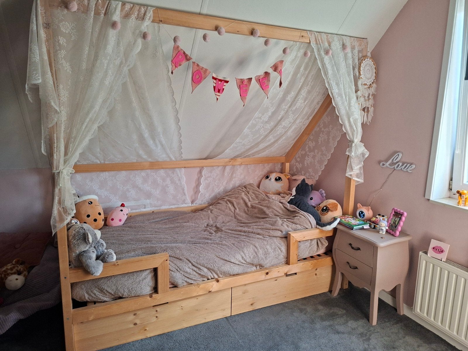 Houten hemel kinderbed met lades, 90x200 cm, Ophalen, 90 cm, Eenpersoons, 210 cm