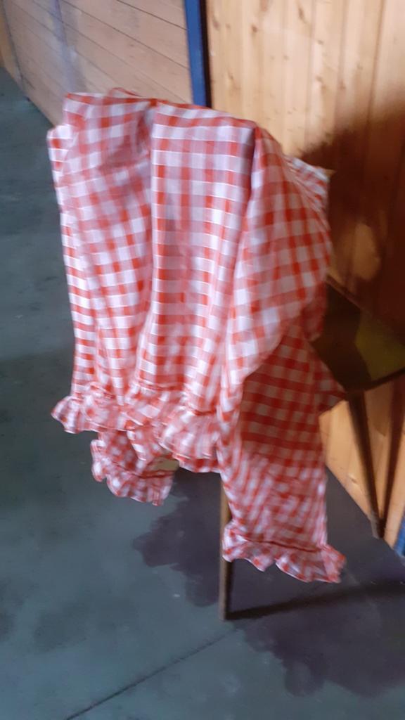 Vintage rood wit geruite keukengordijnen (4,5m raam), Huis en Inrichting, Gebruikt, Ophalen of Verzenden, 200 cm of meer, Rood