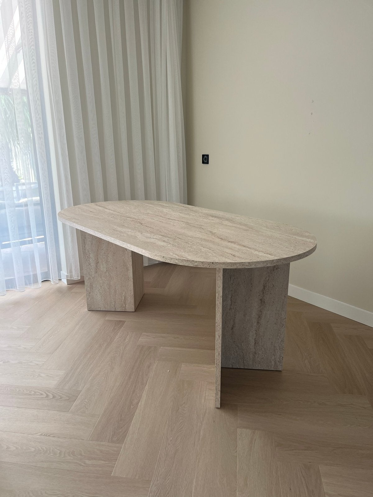 Travertin / travertijn eettafel + salontafel set, Ophalen, Overige materialen, 100 tot 150 cm, Zo goed als nieuw
