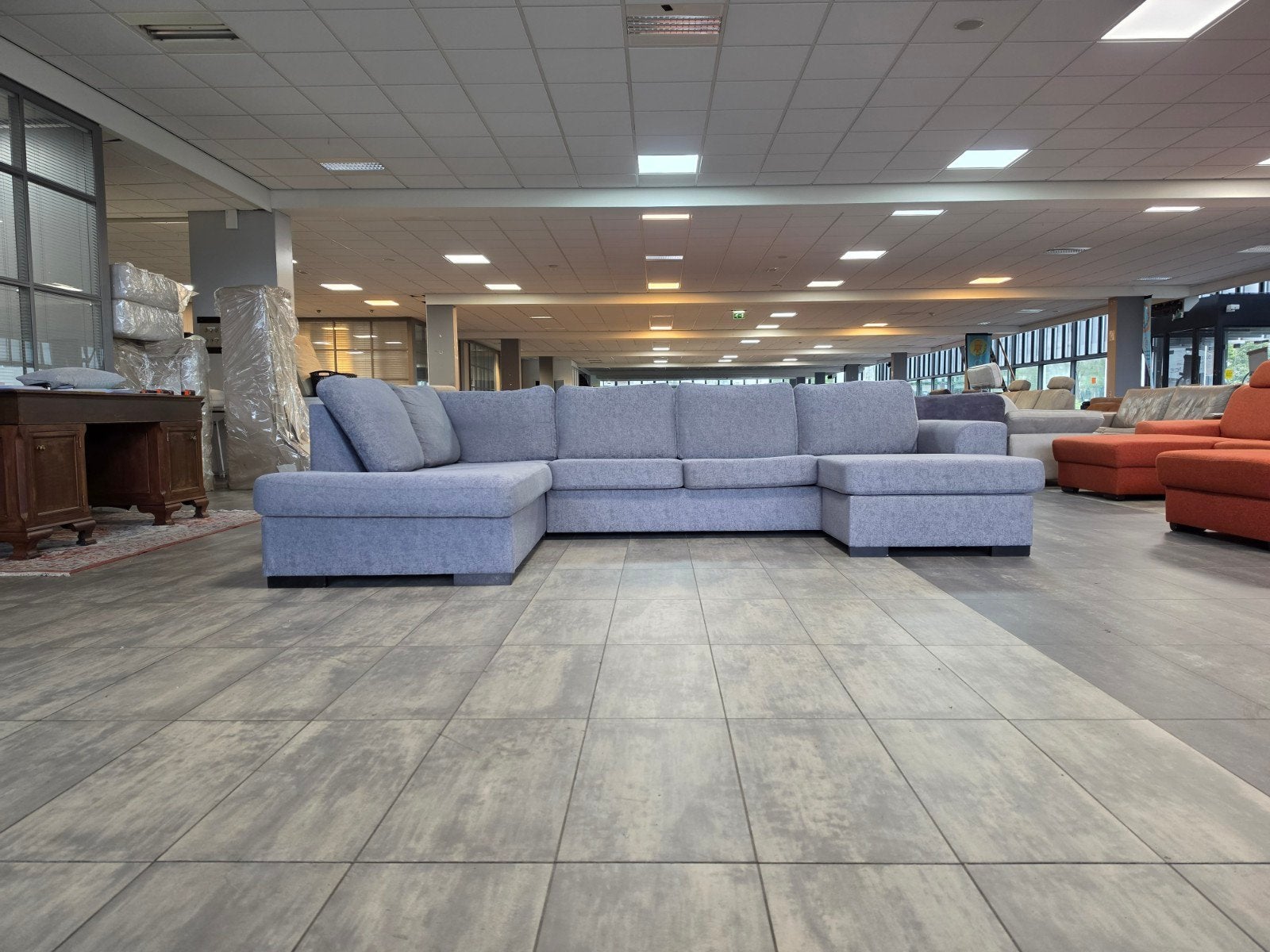 ✅️️️️️ GEREINIGD grijsblauw U-bank 215x335x160 | Bezorgoptie, Hoekbank, 300 cm of meer, Ophalen of Verzenden, Zo goed als nieuw