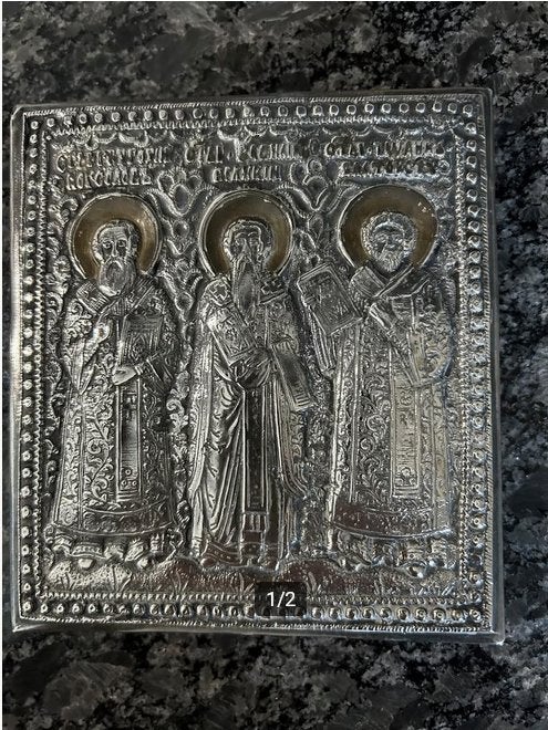 Kleine antieke verzilverde Russische icoon ca 1880, Antiek en Kunst, Ophalen of Verzenden