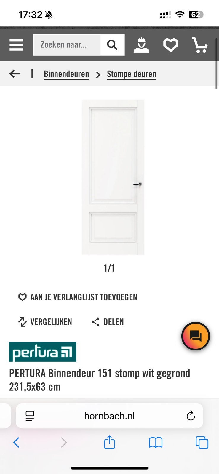 Stompe binnendeur 63x231 cm NIEUW, Ophalen, Minder dan 80 cm, 215 cm of meer, Binnendeur