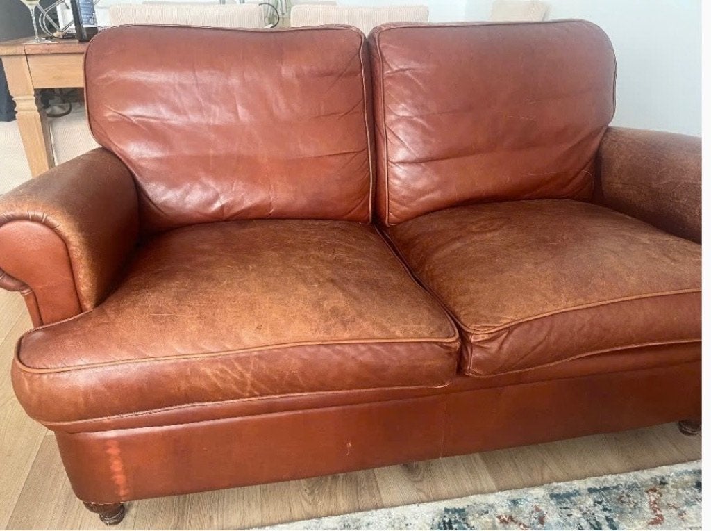 Vintage leren cognac bank, Gebruikt, 150 tot 200 cm, Tweepersoons, Ophalen of Verzenden
