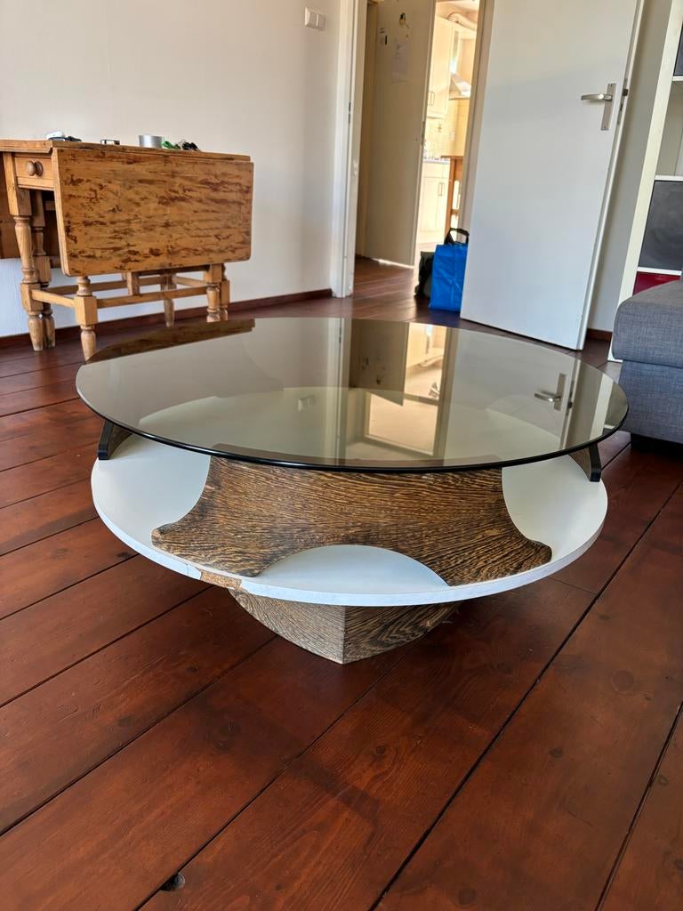 Vintage salon tafel jaren '60 - Glas, hout en wit, Rond, Minder dan 50 cm, 50 tot 100 cm, Ophalen of Verzenden