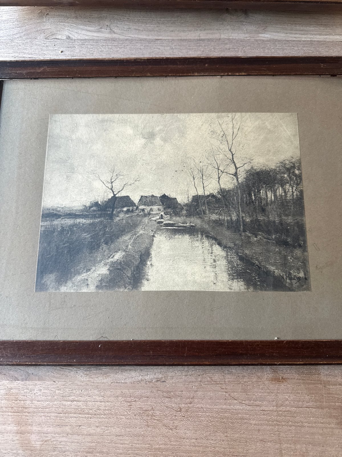 Antieke Ets: Landschap met Boerderij en Water, Antiek en Kunst, 1800 - 1899, Ets, Ophalen of Verzenden, Gesigneerd