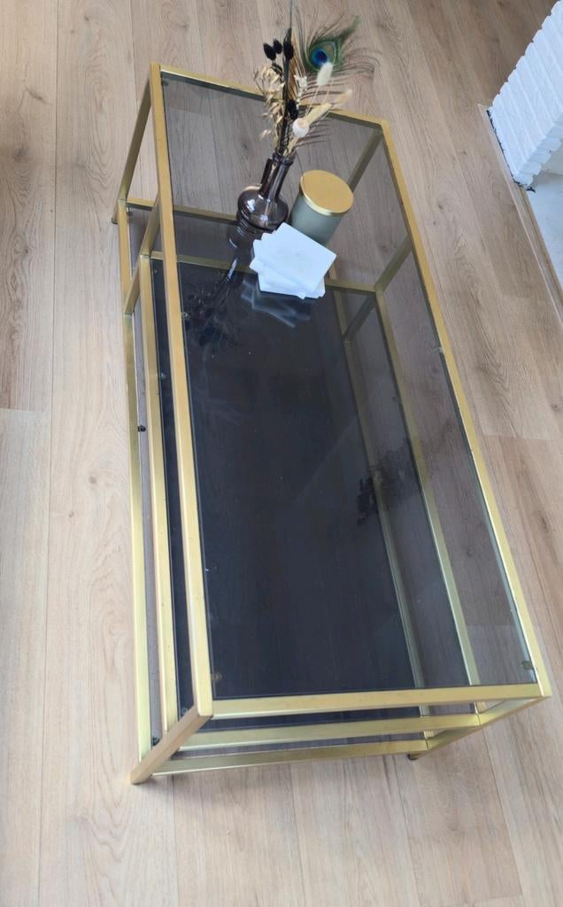 Glazen salontafel met gouden accenten, Huis en Inrichting, Tafels | Salontafels, Ophalen, 100 tot 150 cm, 50 tot 100 cm, Minder dan 50 cm