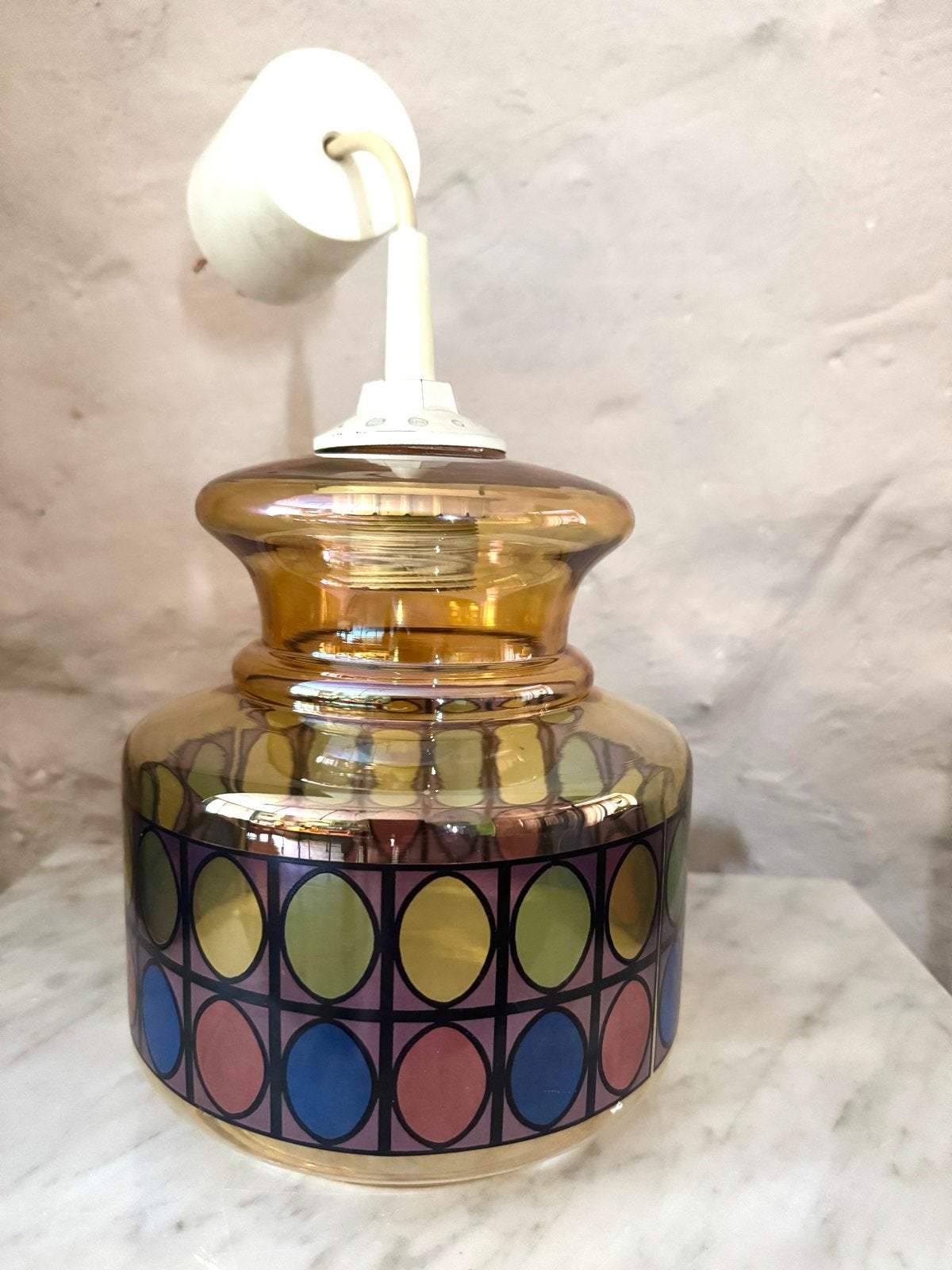 Vintage glazen hanglamp met kleurrijk patroon, Ophalen of Verzenden