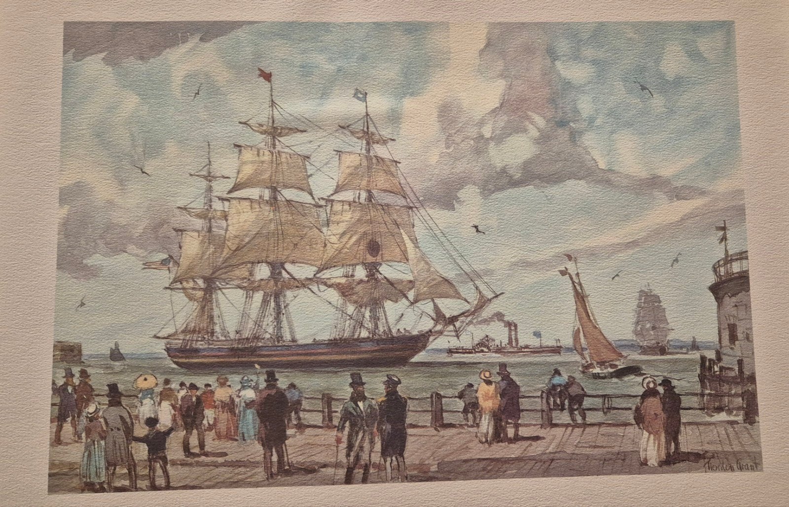 Klassiek schilderij: Zeilschip met figuren aan de kade, Antiek en Kunst, Kunst | Schilderijen | Klassiek, Maritiem / water, Ophalen of Verzenden