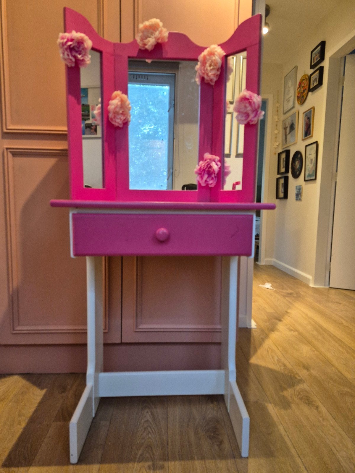 Roze kaptafel met spiegel en lade, Ophalen, Gebruikt, 50 tot 100 cm, Hout
