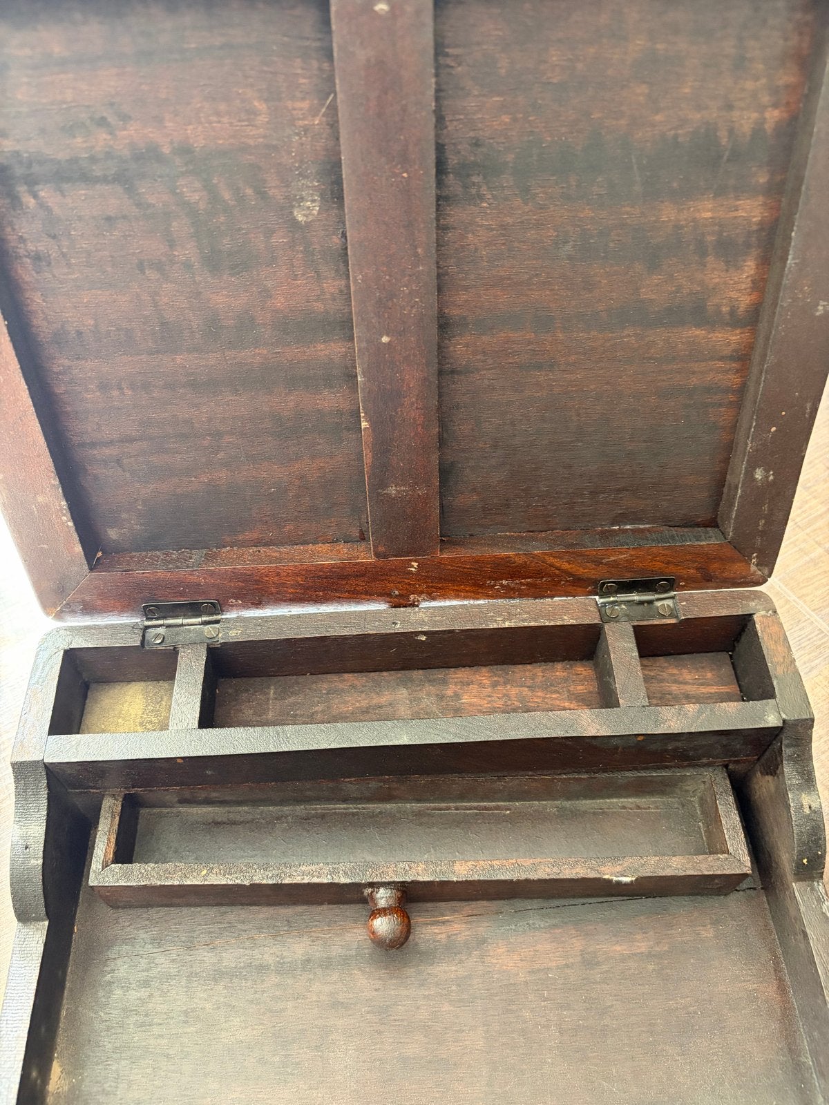 Antieke houten schrijfkist met opbergvakken, Ophalen of Verzenden