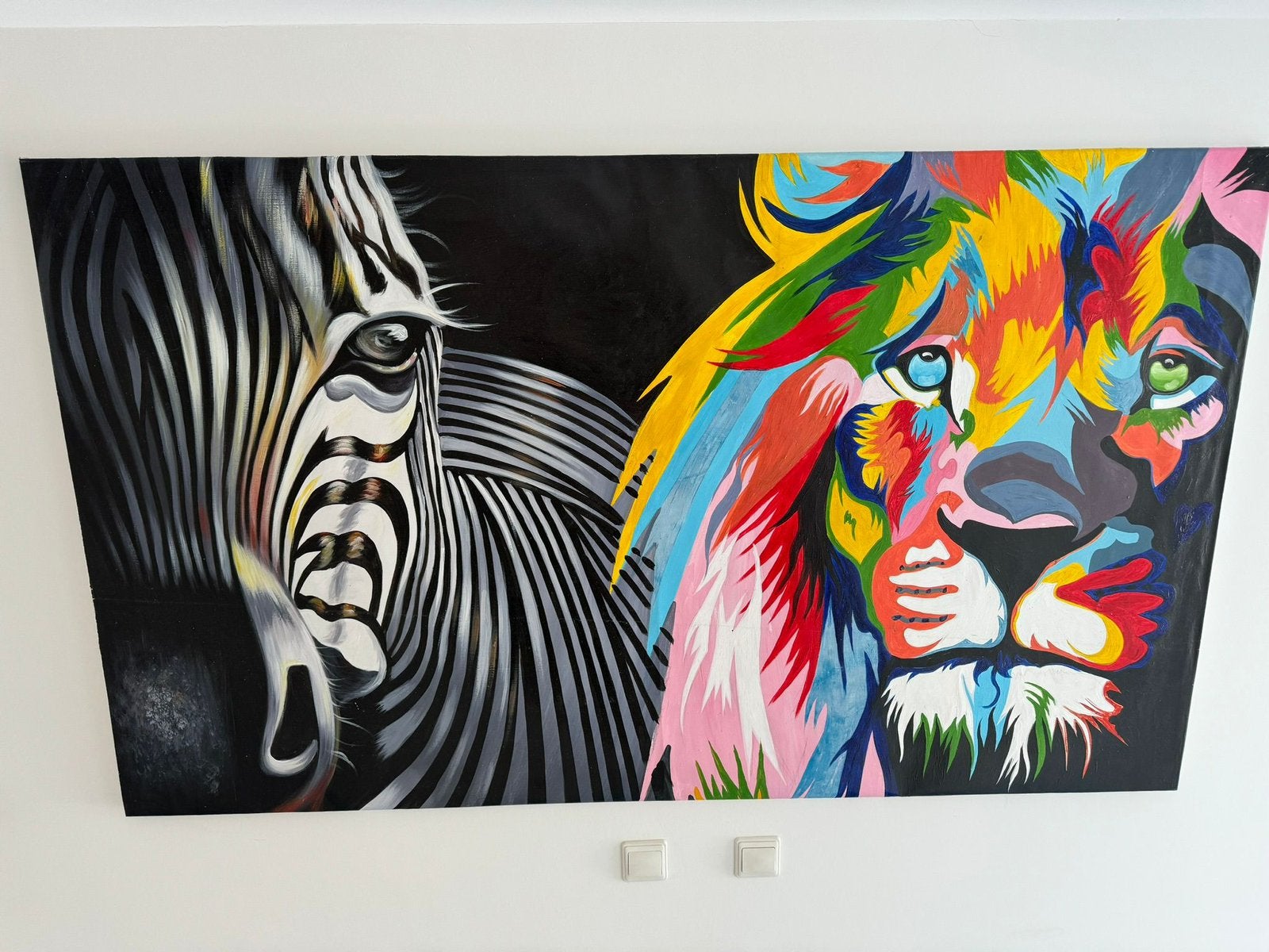 Mooi schilderij leeuw met zebra, Antiek en Kunst, Kunst | Litho's en Zeefdrukken, Ophalen, Dieren en Natuur