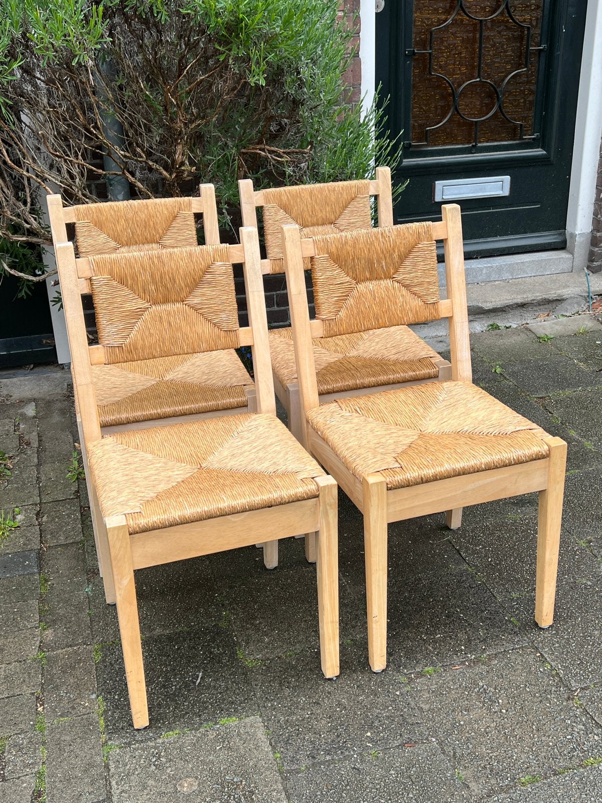 Vintage stoelen Ikea? Riet rotan hout boho 1990-ies set/4, Ophalen, Gebruikt, Bruin, Vintage