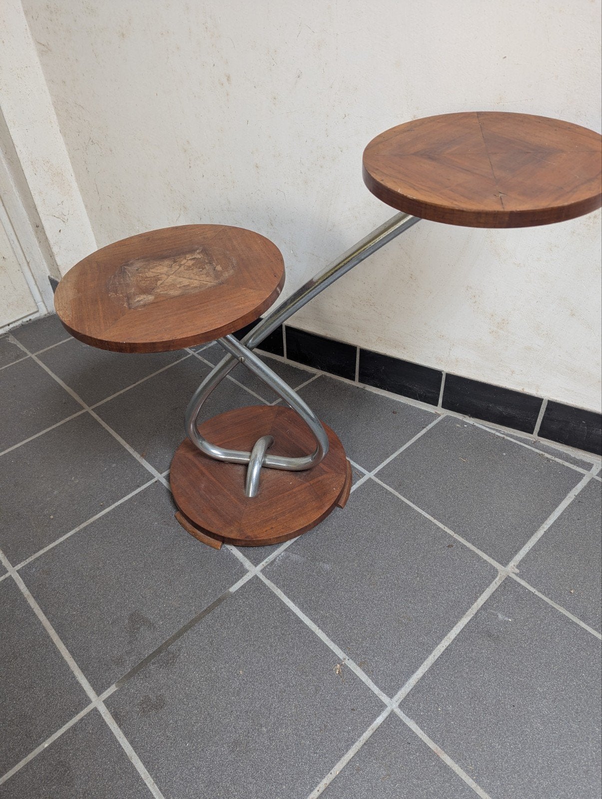 Vintage Bijzettafel Chroom & Walnoot Fineer, Jaren '30, Antiek en Kunst, Ophalen