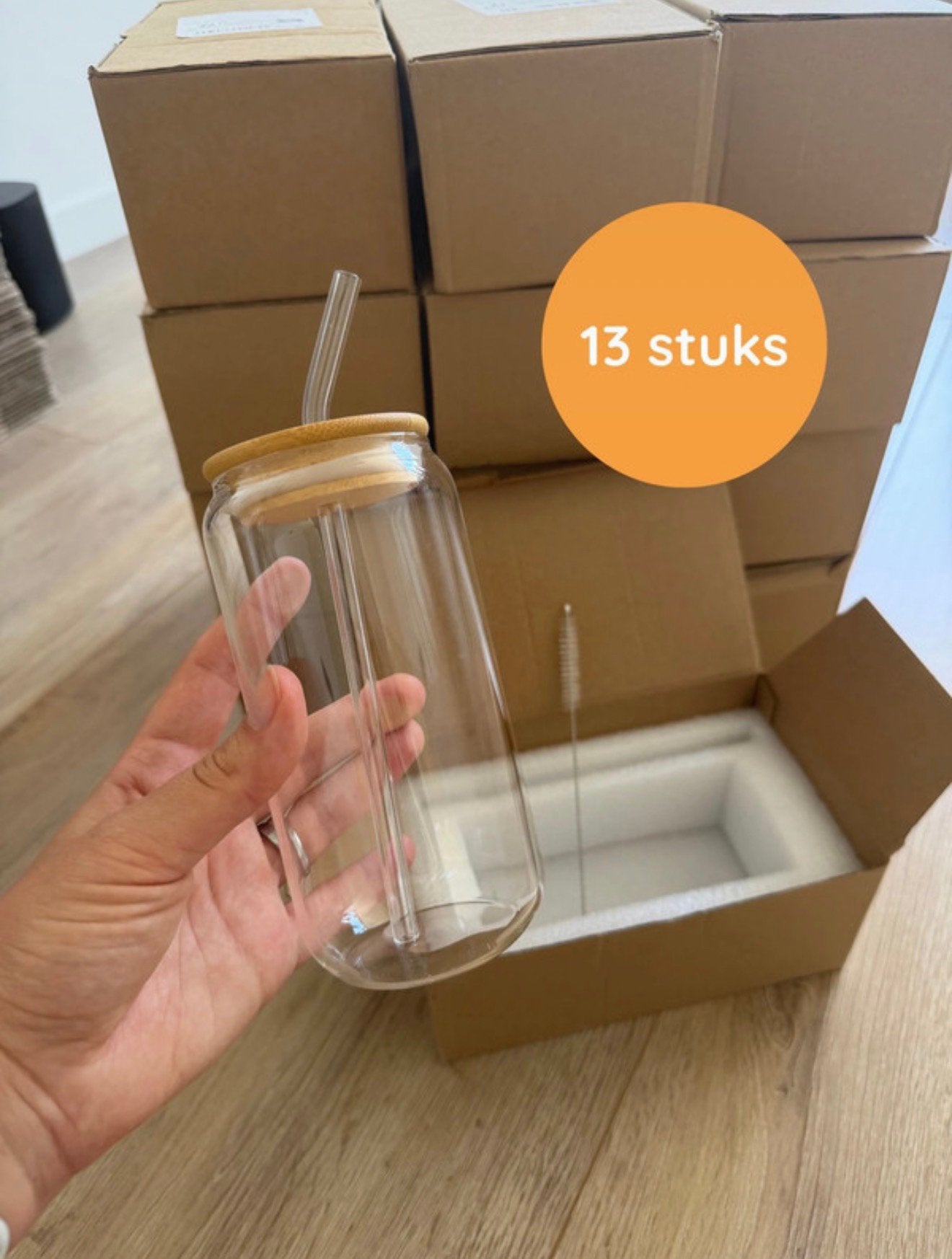 13x 16oz libbey style glazen incl. bamboe deksel & rietje, Ophalen of Verzenden, Nieuw, Waterglas