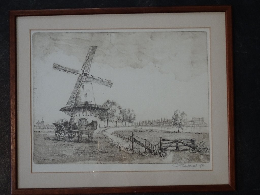 Ets zicht op Ravenstein, molen paard en wagen A. van Woensel, Antiek en Kunst, Stadsgezicht, Ophalen of Verzenden, Ingelijst, 1950 - 1999