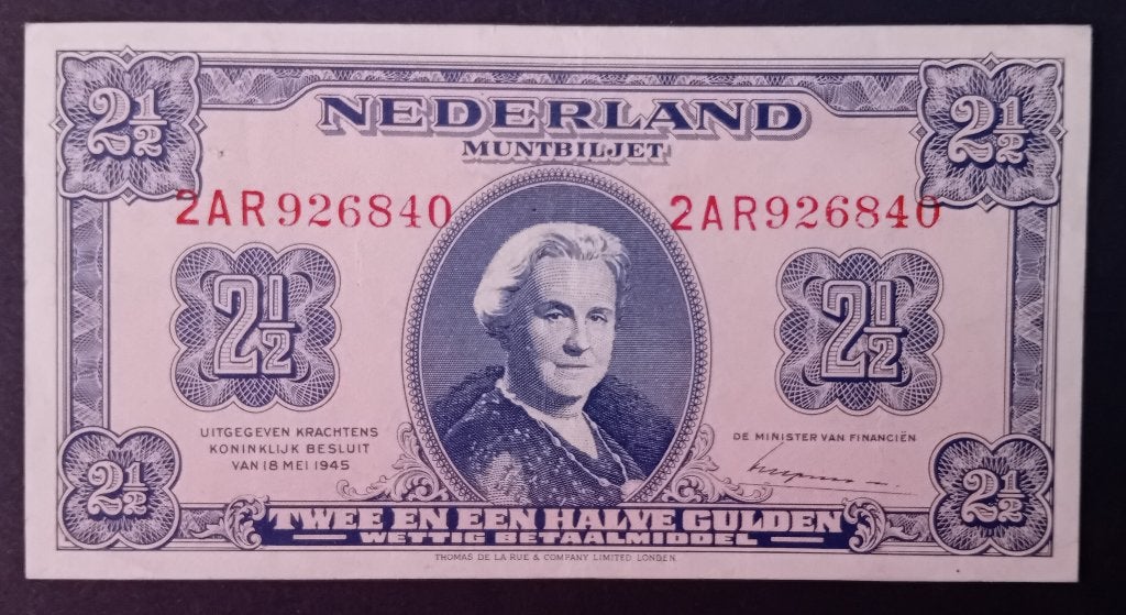 2 1/2 gulden 1945 muntbiljet 1-C, Ophalen of Verzenden, 2½ gulden, Los biljet
