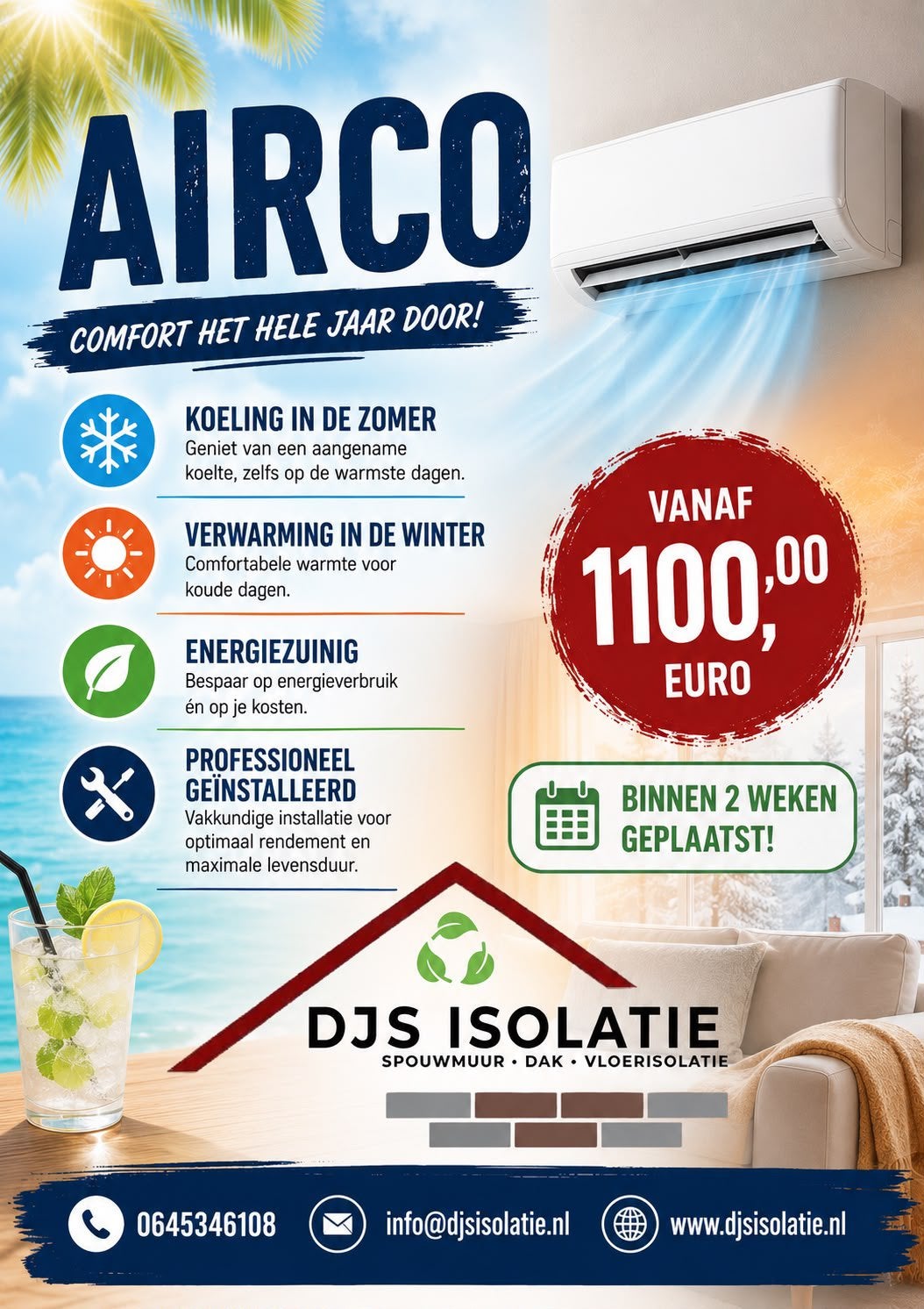 Airco VANAF 1100 EURO! Nu met nog meer zomerse korting, Witgoed en Apparatuur, Airco's, Ophalen, Koelen en Ontvochtigen, Timer