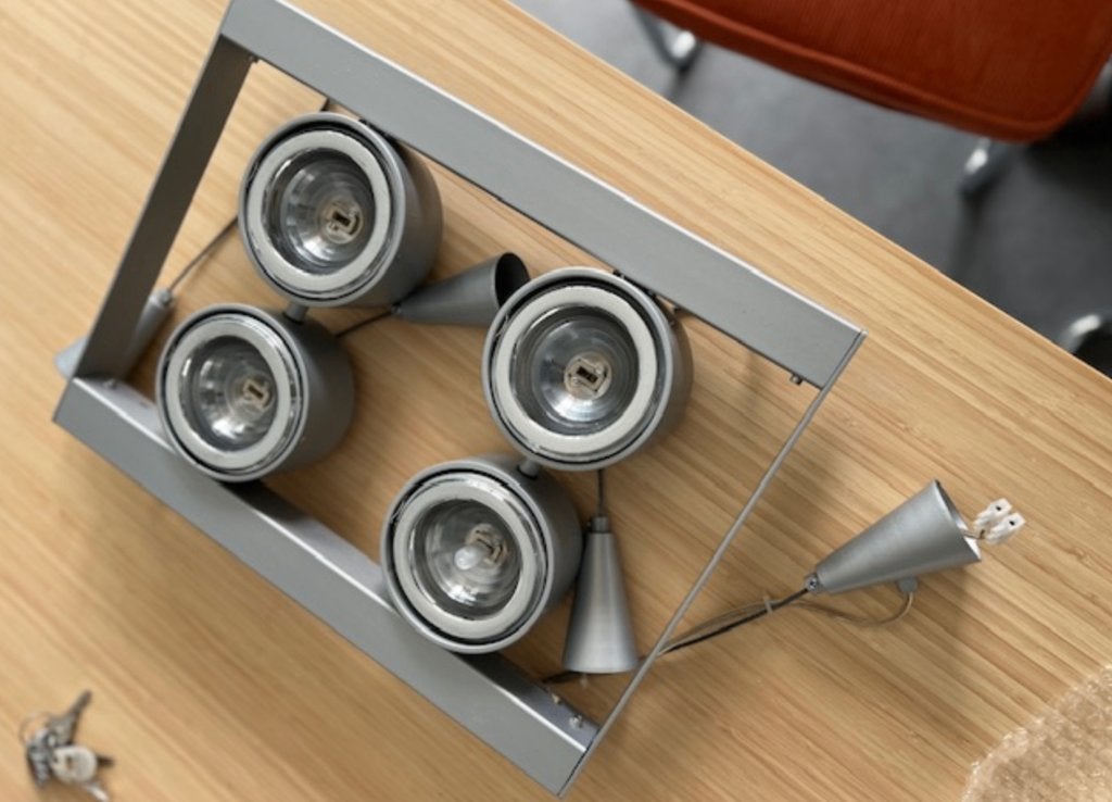 Industriële metalen hanglamp met 4 spots, Ophalen, Zo goed als nieuw, Metaal