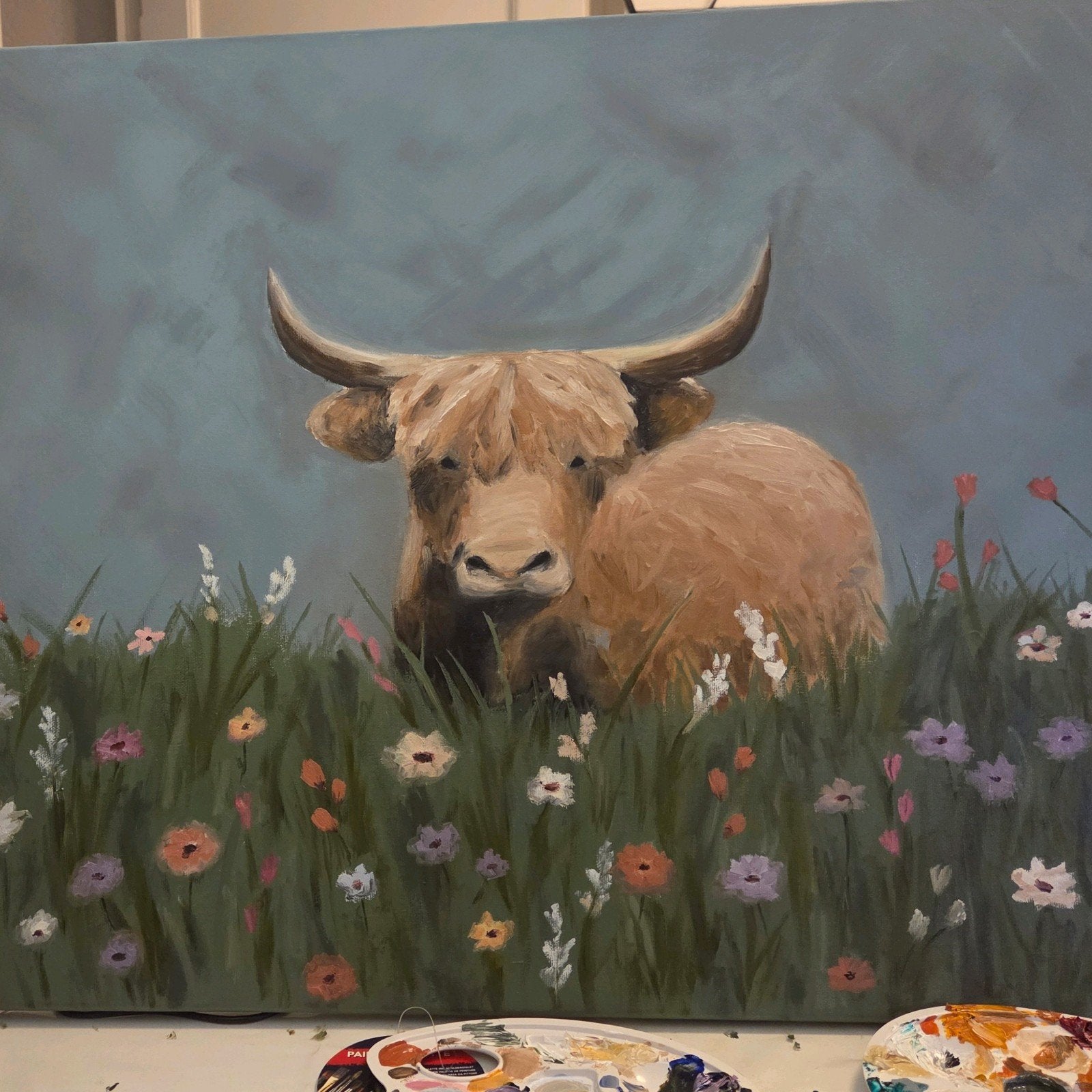 Schilderij: Schotse Hooglander in bloemenweide, Doek, Realistisch, Dieren, Ophalen of Verzenden