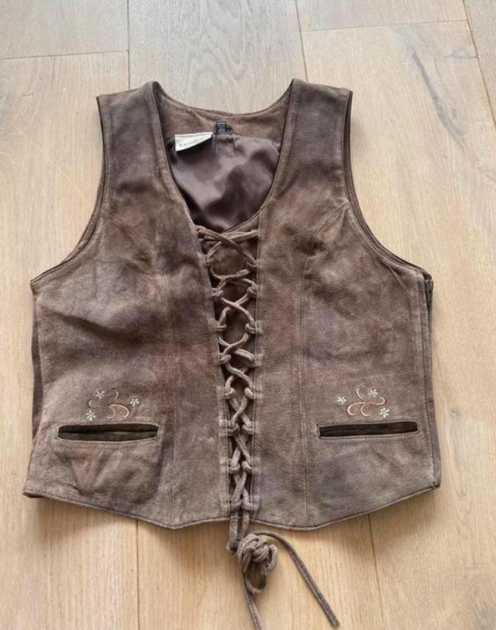 Suede klederdracht vest gilet top S, Kleding | Dames, Ophalen of Verzenden, Zo goed als nieuw, Maat 36 (S), Bruin