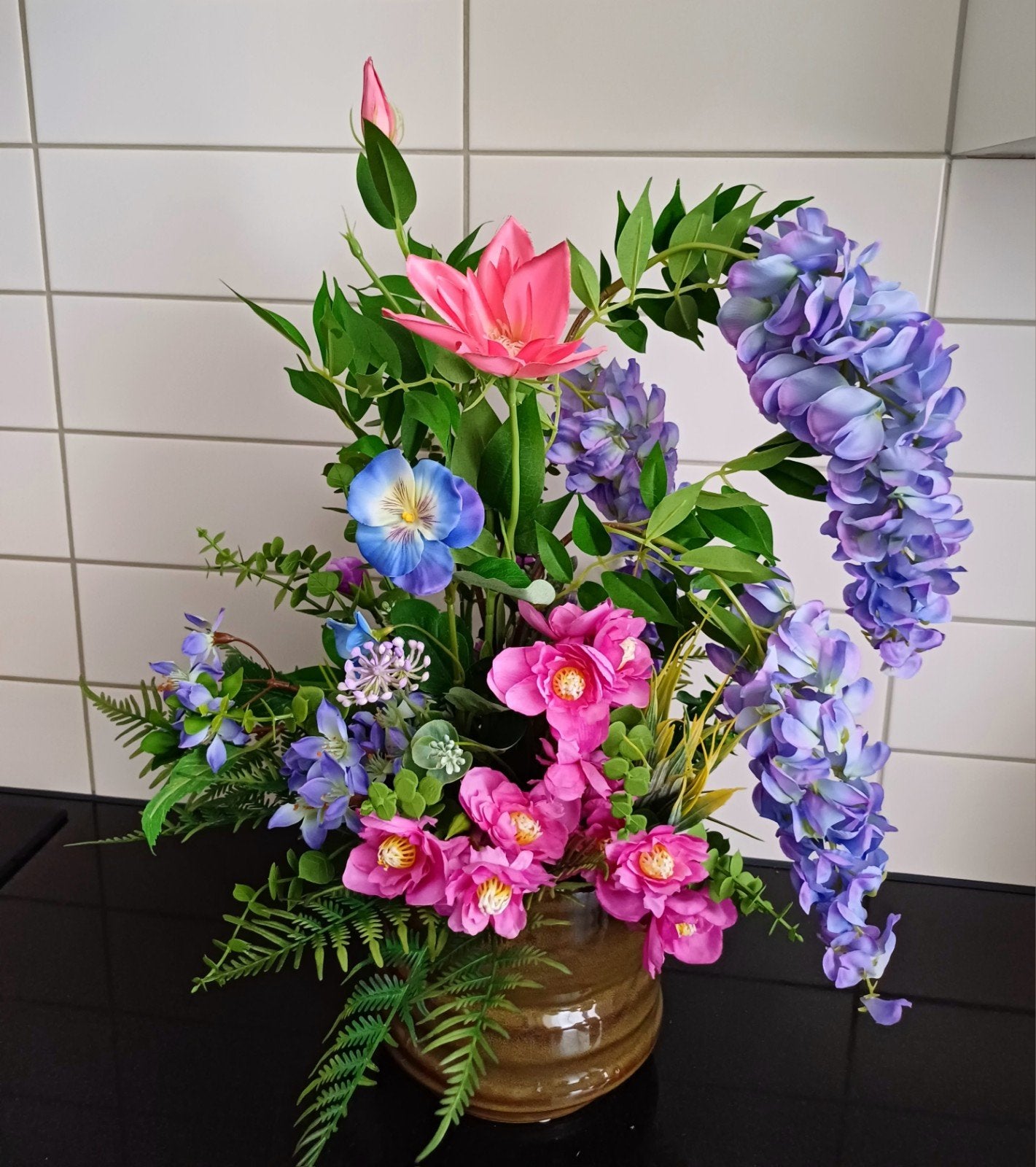 Prachtig zijden bloemstuk, 55 cm hoog, incl. pot, Binnen, Onderhoudsvrij, Ophalen of Verzenden, Overige merken