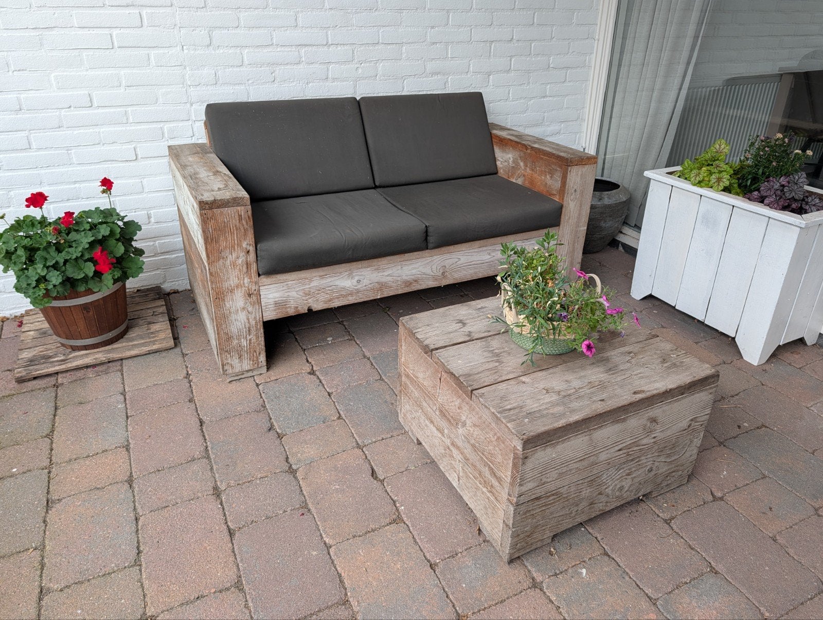 Steigerhouten Loungebank en Tafel, Gebruikt, Bank, Steigerhout, Loungeset