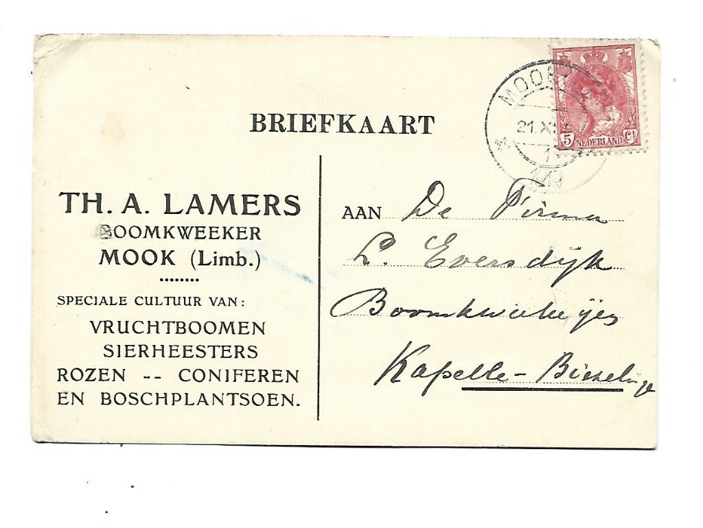Mook-Th.A.Lamers -Boomkweeker- naar Kapelle, Verzenden, Briefkaart