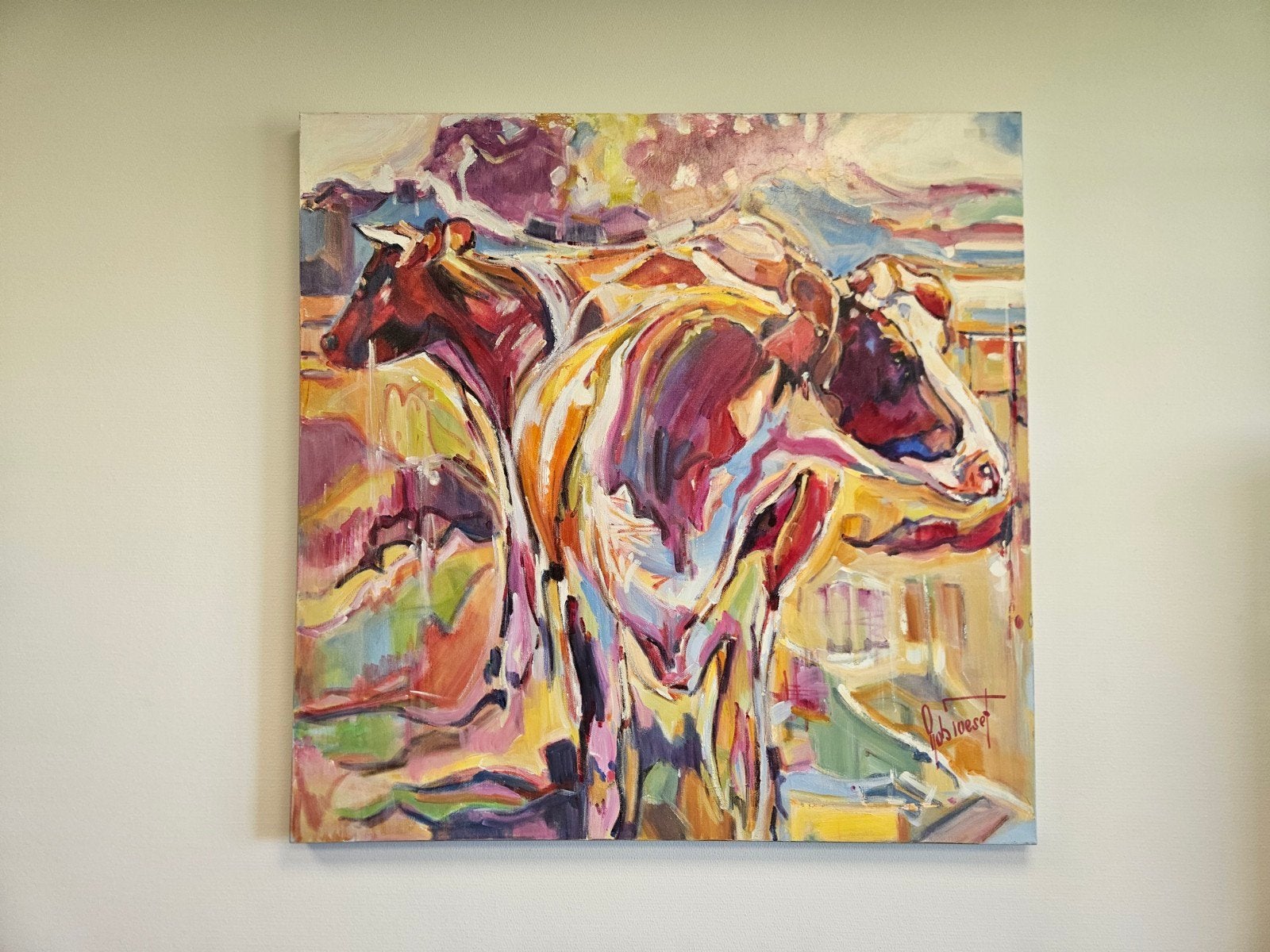 schilderij koeien van Rob Touset 100x100cm, Ophalen