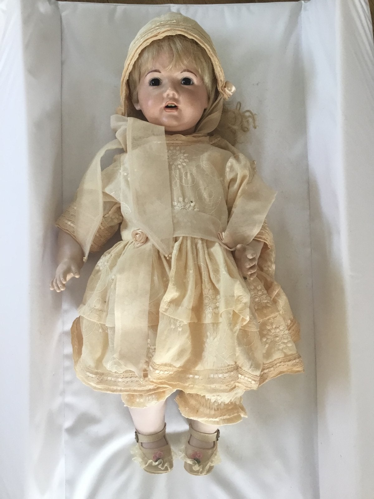 Antieke Porseleinen Babypop met Originele Kleding 55 cm lang, Verzamelen, Ophalen of Verzenden, Zo goed als nieuw, Babypop