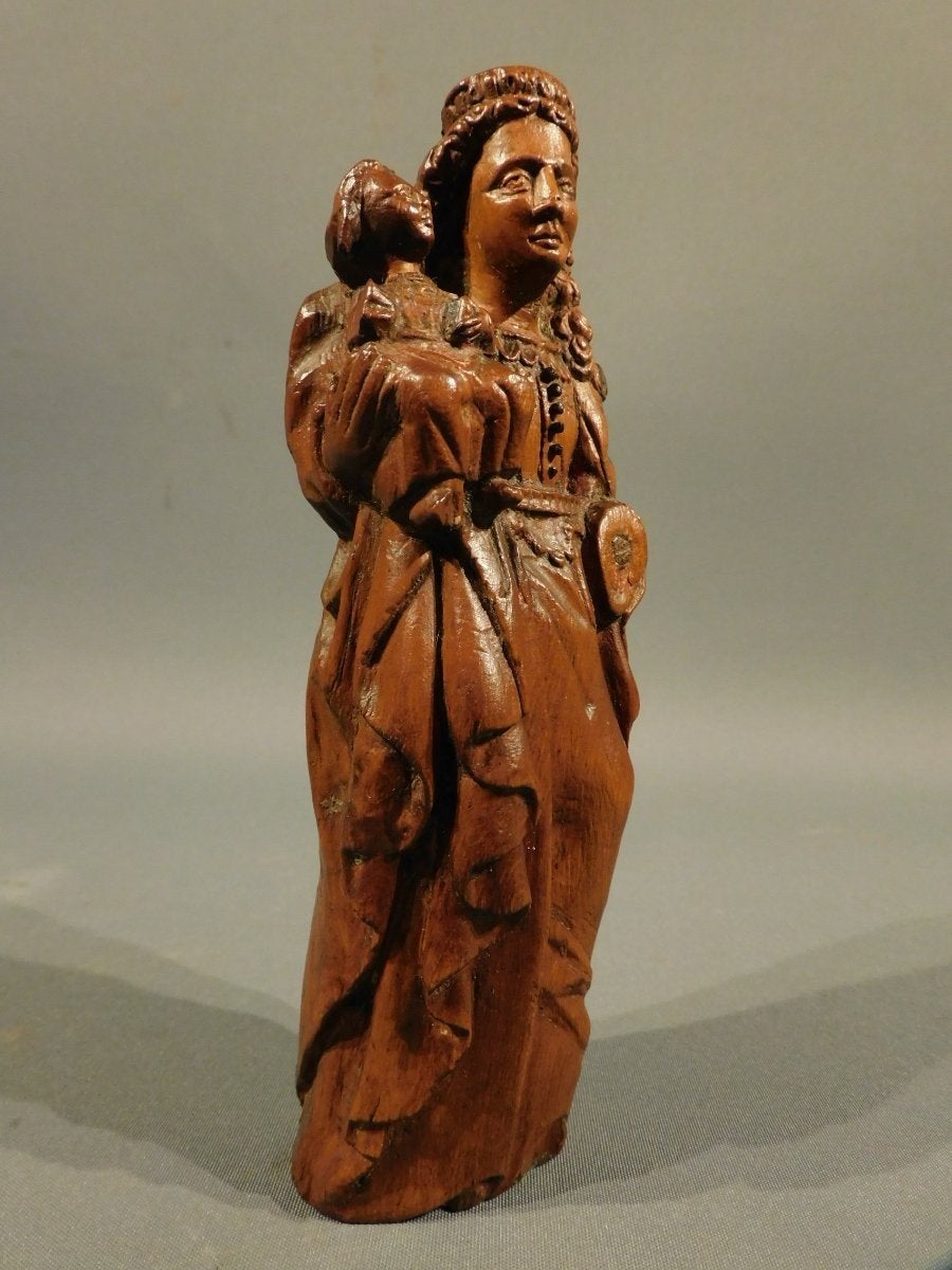 Antiek buxus palmhouten beeld Maria met Kind 17e 18e eeuw, Verzenden
