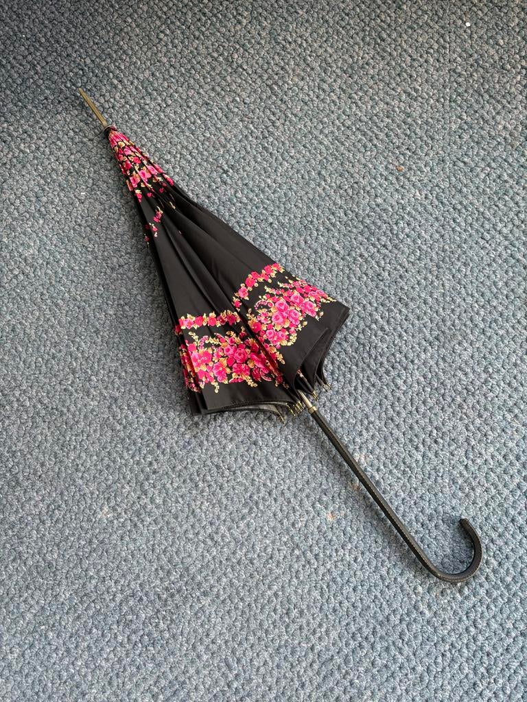 Antieke paraplu met bloemenprint, Ophalen, Gebruikt, Zwart
