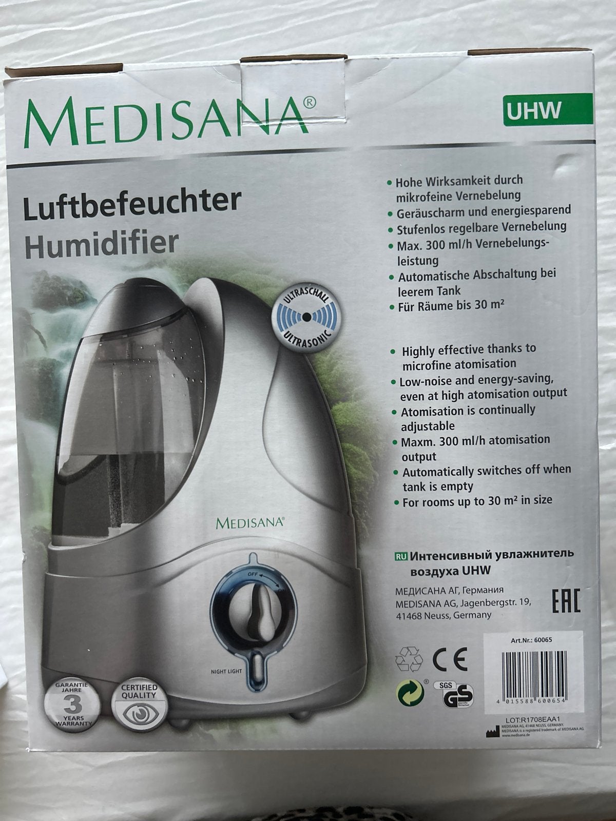 Medisana UHW Luchtbevochtiger - Ultrasoon & Energiezuinig, Ophalen, Nieuw, Luchtbevochtiger