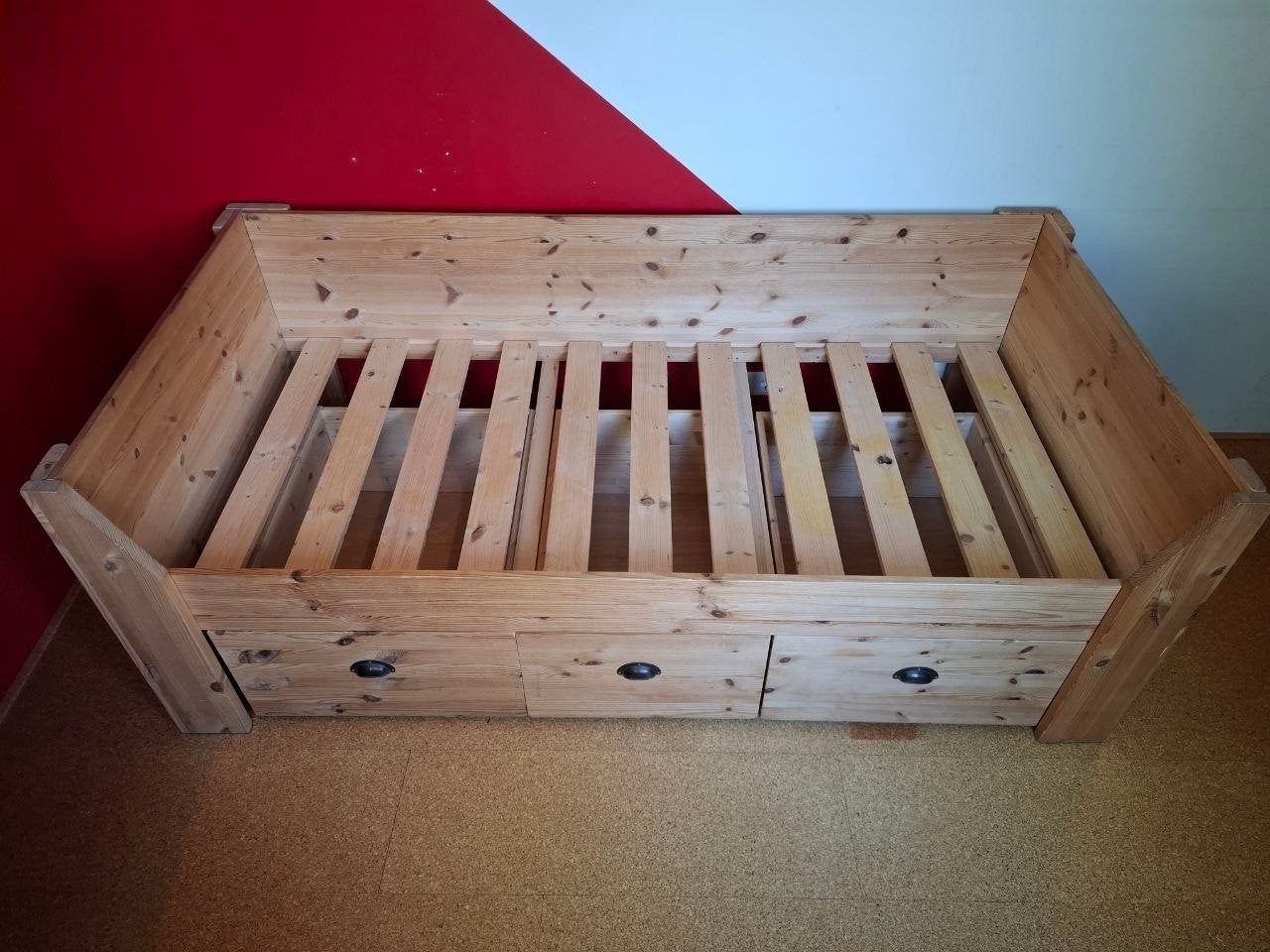 grenen bed 1pers met lades, Gebruikt, 90 cm, Eenpersoons, Wit