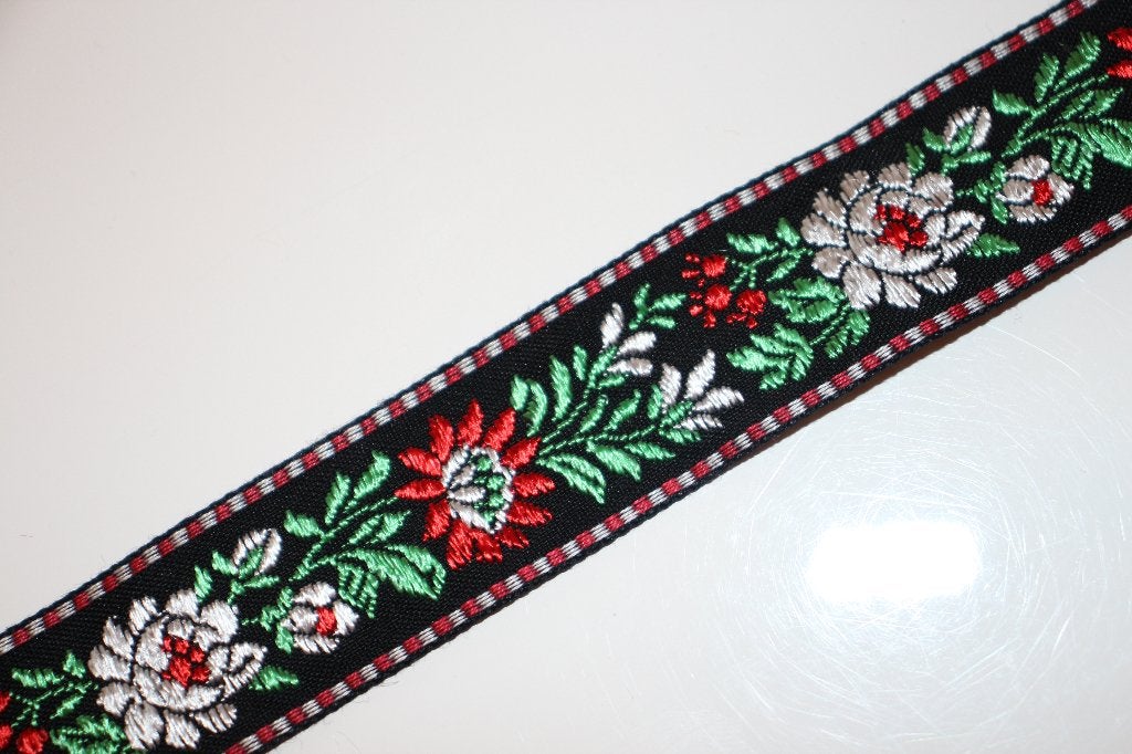 Geweven band 24mm - zwart met geborduurde bloemen #3608, Ophalen of Verzenden, Nieuw, Lint, Band of Elastiek
