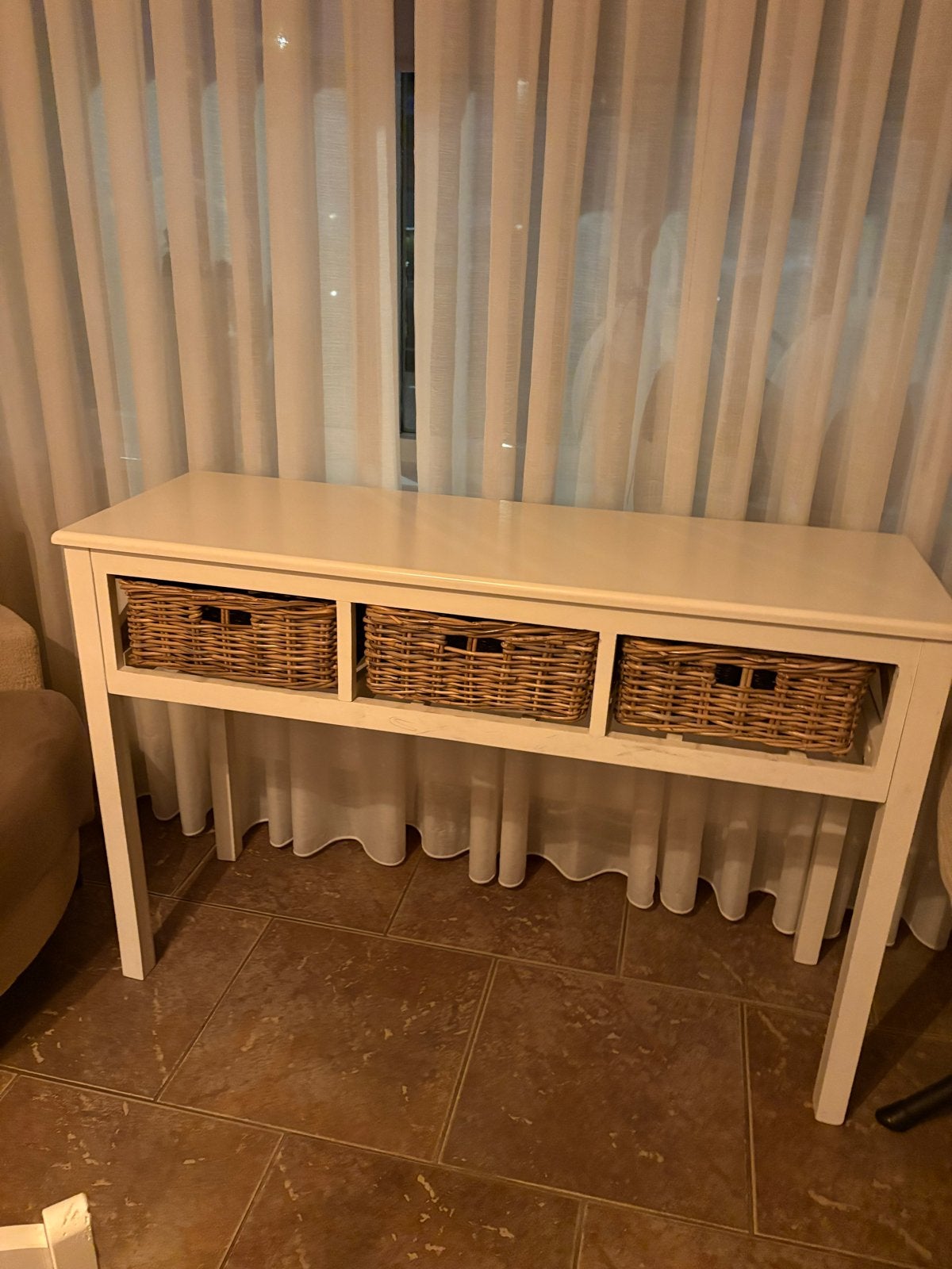 Witte console tafel met rieten manden 80/120/40, Huis en Inrichting, Gebruikt, 100 tot 150 cm, Ophalen of Verzenden, Overige houtsoorten