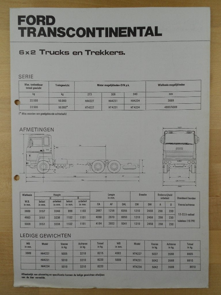 Ford Transcontinental 6x2 Technische Brochure 1975, Ford, Ophalen of Verzenden, Zo goed als nieuw, Ford