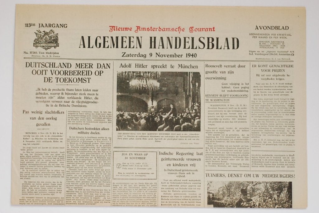 Krant Algemeen Handelsblad 9 November 1940 WOII Heruitgave, Zo goed als nieuw, Verzenden, Amsterdam, Overige soorten