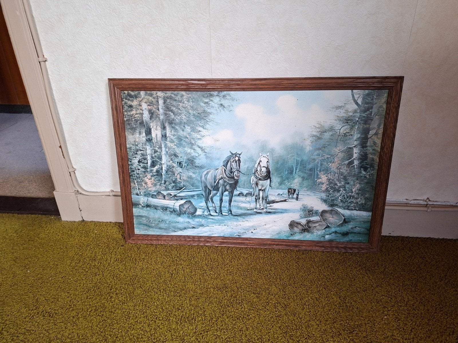 Schilderij met twee paarden in een bosrijk landschap C. Pila, Antiek en Kunst, Kunst | Schilderijen | Klassiek, Paneel, Gedateerd