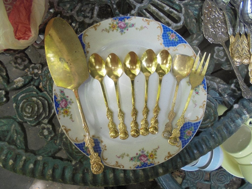 Gebakschep, Taarvokje, Suikerschep, 6 theelepels roos - goud, Antiek en Kunst, Antiek | Bestek, Ophalen of Verzenden
