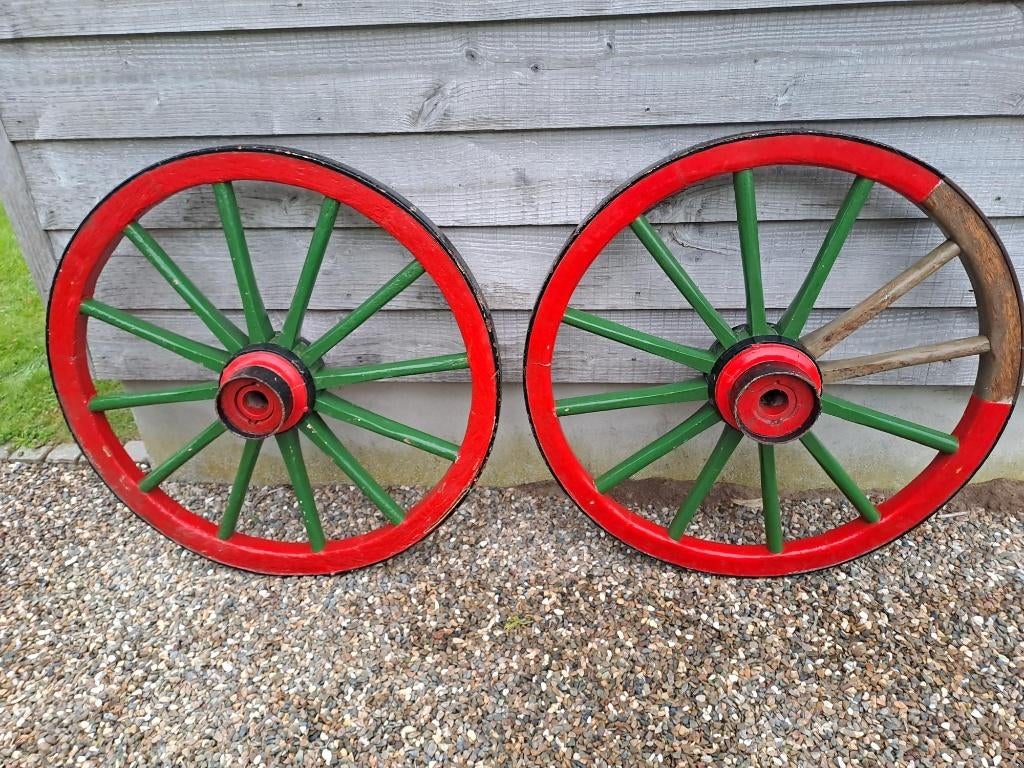 Karrewiel 2 gelijke houten wielen 90 cm doorsnede, Antiek en Kunst, Ophalen