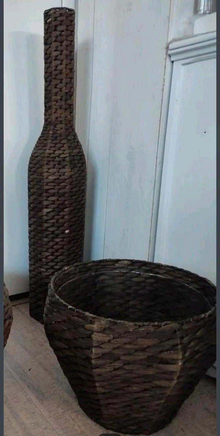 Gevlochten hyacint plantenmand 30x35 cm en vaas 90 cm, Ophalen of Verzenden, Gebruikt, Rond, Riet