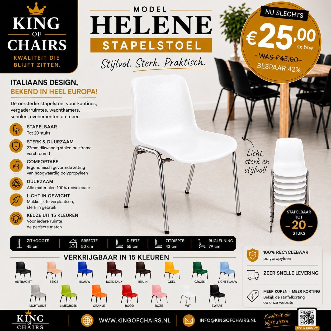 Kantinestoelen Helene wit kuipstoelen stapelstoelen nieuw, Kunststof, Everardo, Wit, Nieuw