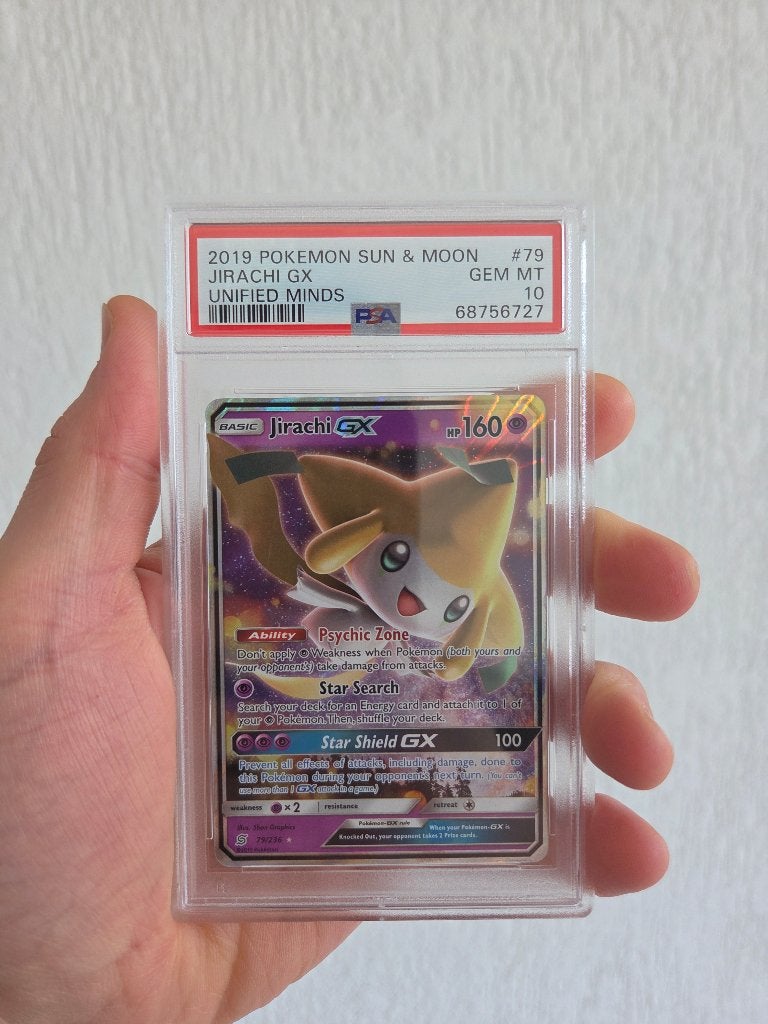 2019 POKEMON SUN & MOON UNIFIED MINDS #79 JIRACHI GX PSA 10, Ophalen of Verzenden, Zo goed als nieuw, Losse kaart, Foil