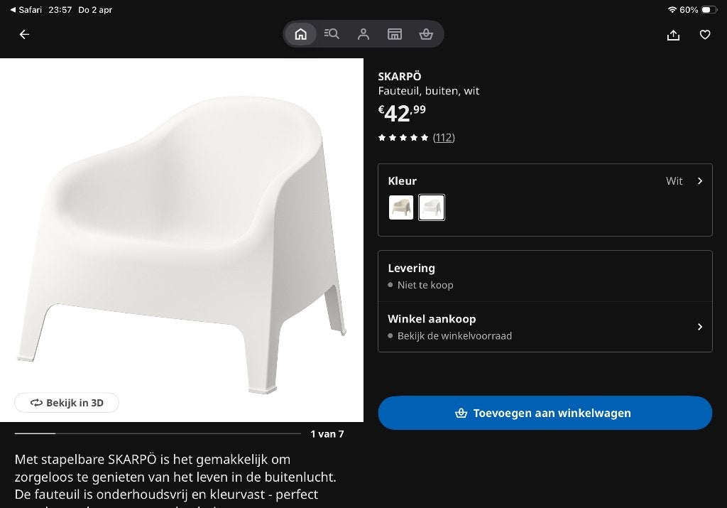IKEA 3x SKARPÖ fauteuil wit + 1 kapotte gratis, Ophalen, Gebruikt, Kunststof, Stapelbaar