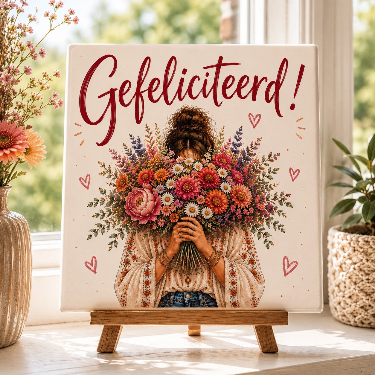 Tegeltje 'Gefeliciteerd!' met bloemenboeket, Verzenden, Nieuw