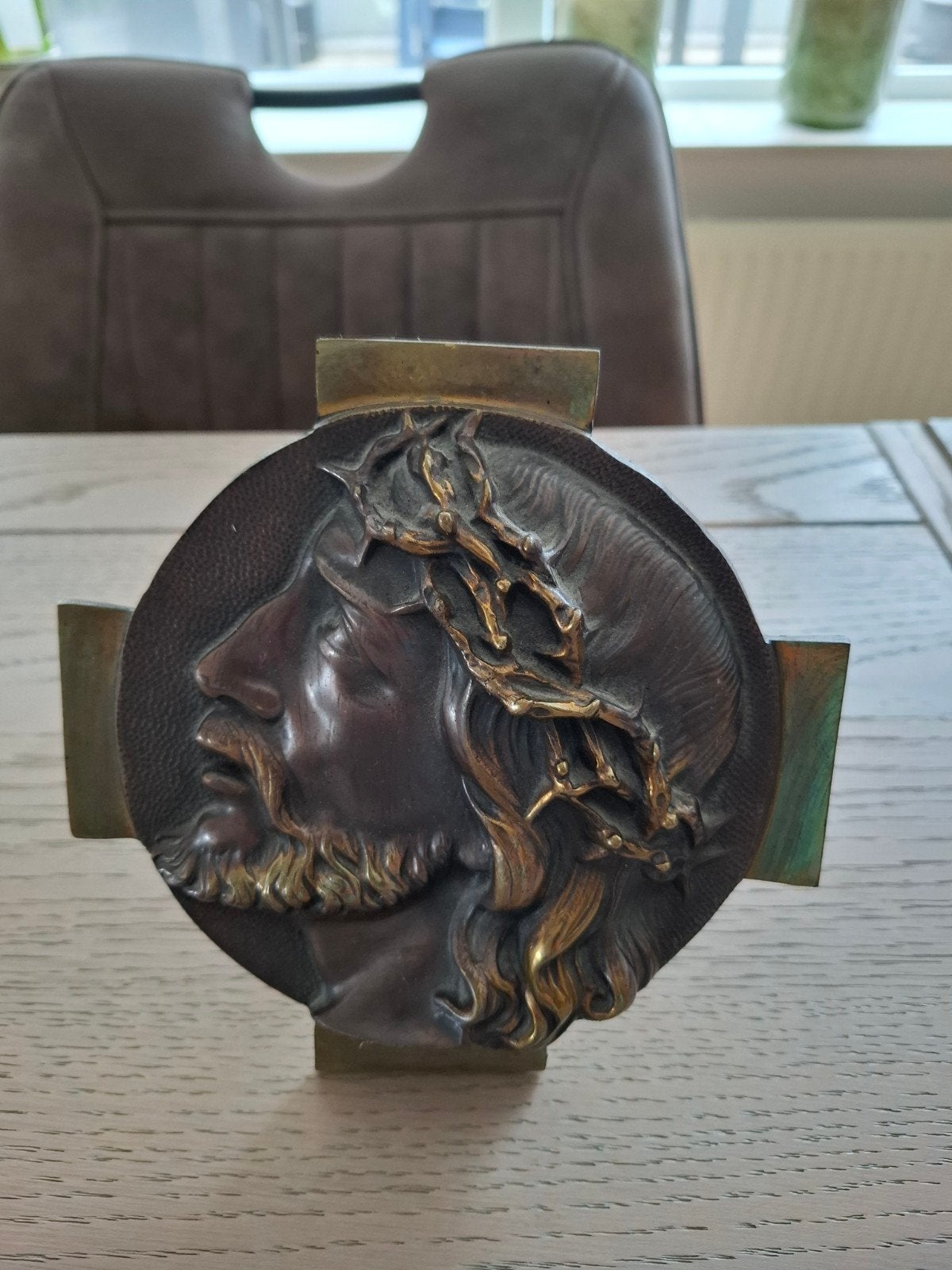 Bronzen Jezus Christus Hoofd met Doornenkroon op Kruis, Antiek en Kunst, Antiek | Religie, Ophalen of Verzenden
