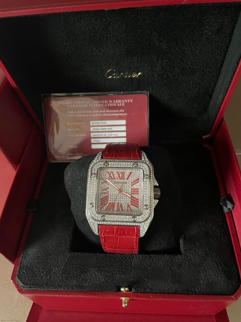 Cartier santos 100 full diamond orgineel alle documentatie!, Ophalen of Verzenden, Zo goed als nieuw, Rood, Jongen of Meisje