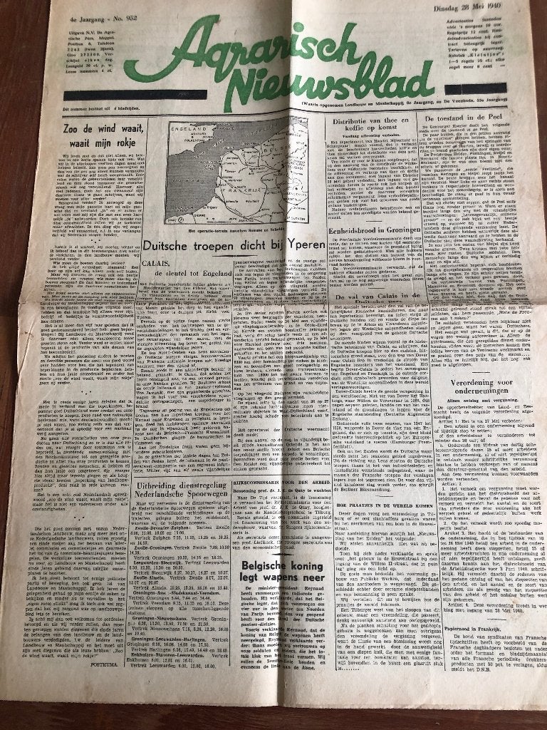 28 Mei 1940 Agrarisch Nieuwsblad (waarin opgenomen Landbouw, Verzenden, Nederland, Overige typen