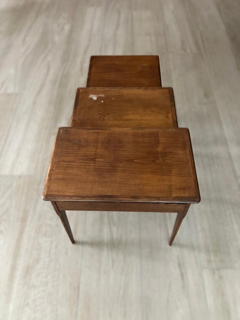 Teak Set van 3 Bijzettafeltjes Jaren 50, Minder dan 55 cm, Gebruikt, Mid Century, Rechthoekig