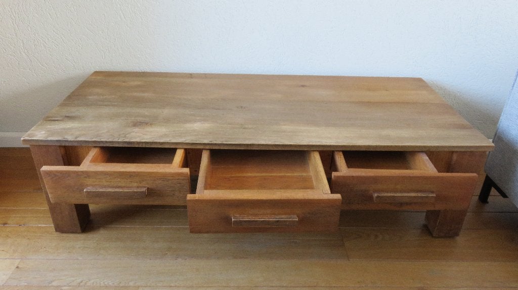 Bieden: Robuust eikenhouten salon tafel, Ophalen, 100 tot 150 cm, Robuust eiken, 50 tot 100 cm
